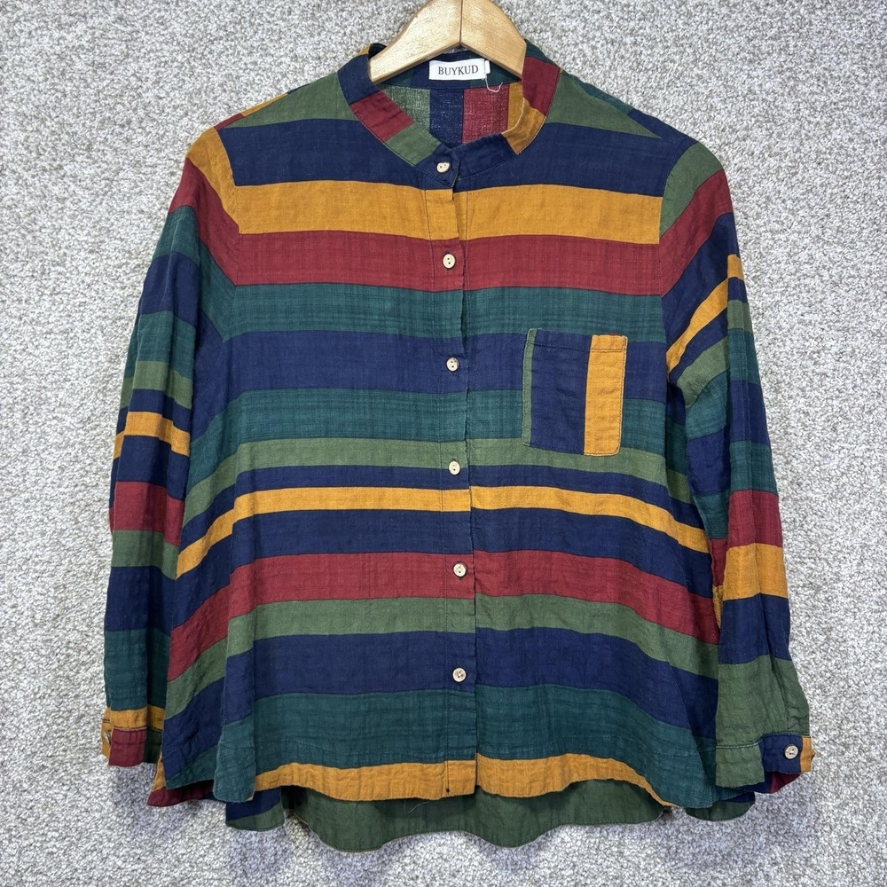 BUYKUD Shirt Womens Medium Multicolor Stripe Button Up Long Sleeve Band Collar